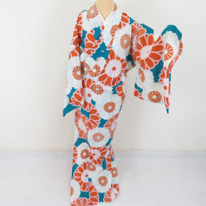 Summer kimono Kimon Kimono Washing Kimono Windkan Single Kiku -pattern Green / Orange Bachi collar 100 % Casual Summer Summer Power 165cm