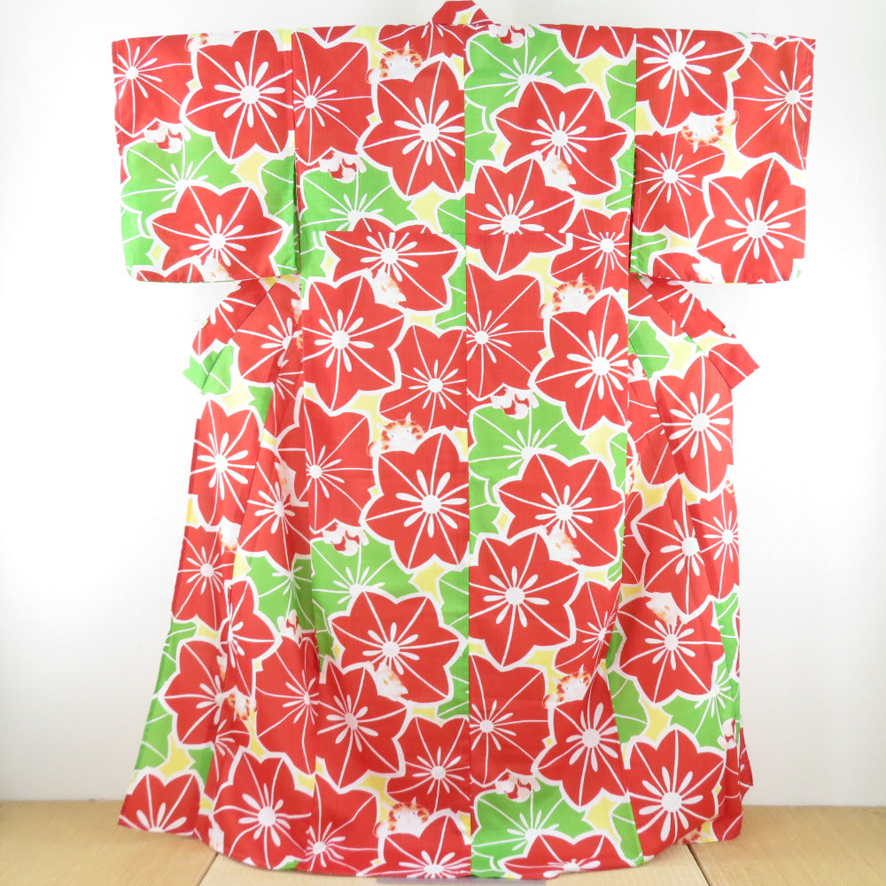 Summer kimono small crest Washable kimono single garment flower and cat pattern green x red bee collar polyester 100 % Casual summer height 170cm