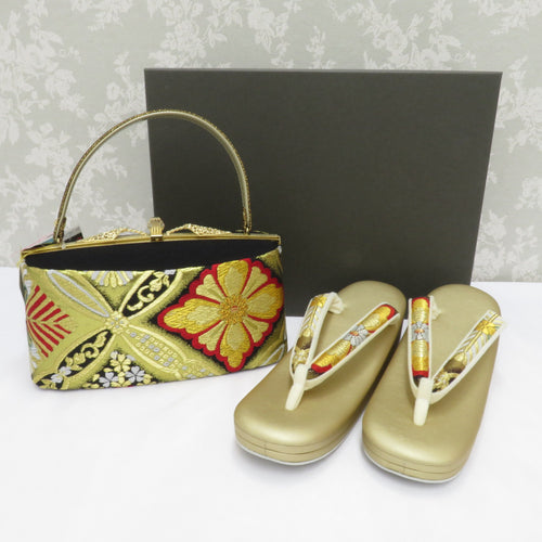 Sandals / bag sets for kimono sandals bag set 3L size adaptive size 26.0cm to 27.0㎝ gold x black flower crest pure silk zone formal graduation ceremony
