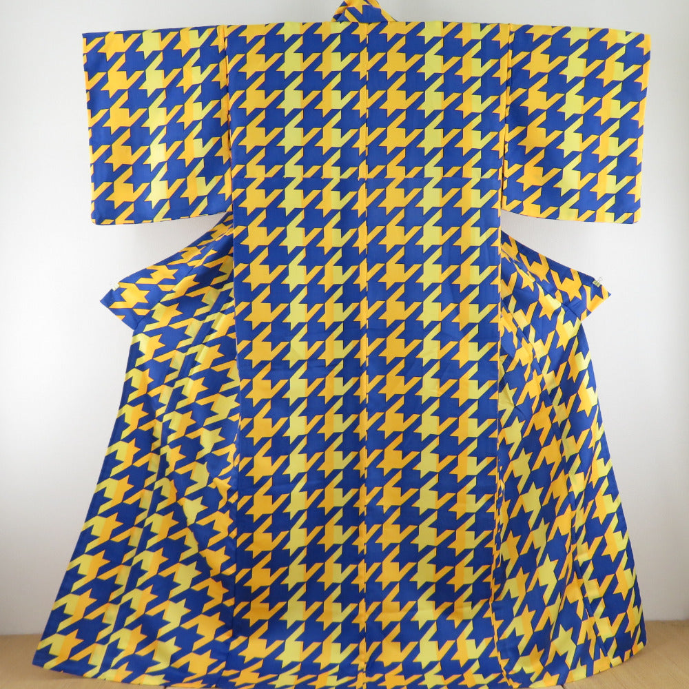 Komon Washing Kimono Chidori lattice pattern Blue single -piece wide collar LL size polyester 100 % Casual 171cm