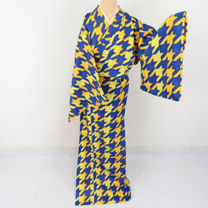 Komon Washing Kimono Chidori lattice pattern Blue single -piece wide collar LL size polyester 100 % Casual 171cm