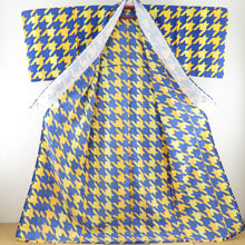 Load image into Gallery viewer, Komon Washing Kimono Chidori lattice pattern Blue single -piece wide collar LL size polyester 100 % Casual 171cm