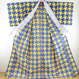 Komon Washing Kimono Chidori lattice pattern Blue single -piece wide collar LL size polyester 100 % Casual 171cm