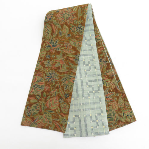 半幅帯 リバーシブル半巾帯 正絹 巾:約15×長さ:約380cm 幾何学模様×ボタニカル模様 薄緑×辛子色 細帯 小袋帯 オリジナル 仕立て上がり 長さ380cm