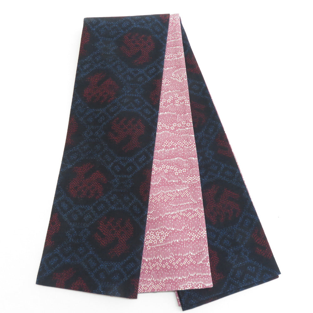 半幅帯 リバーシブル半巾帯 正絹 巾:約16cm×長さ:約415cm 紬×小紋 紺色