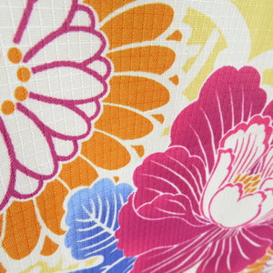 Summer kimono Komon Washable kimono single -peeled peony on chrysanthemum pale yellow bee collar F size polyester 100 % Casual Numb height 163cm