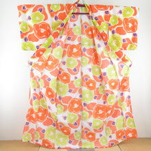 Load image into Gallery viewer, Summer kimono small kimono Washable kimono cloth Tsubaki pattern White orange / yellow green bee collar F size polyester 100 % Casual Numbers Power 163cm