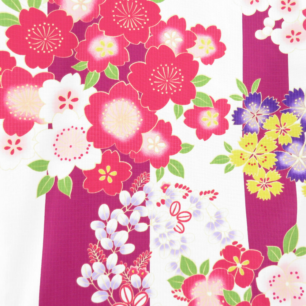 夏着物 小紋 洗える着物 単衣 桜に花文様 白・紫色 バチ衿 Fサイズ ...
