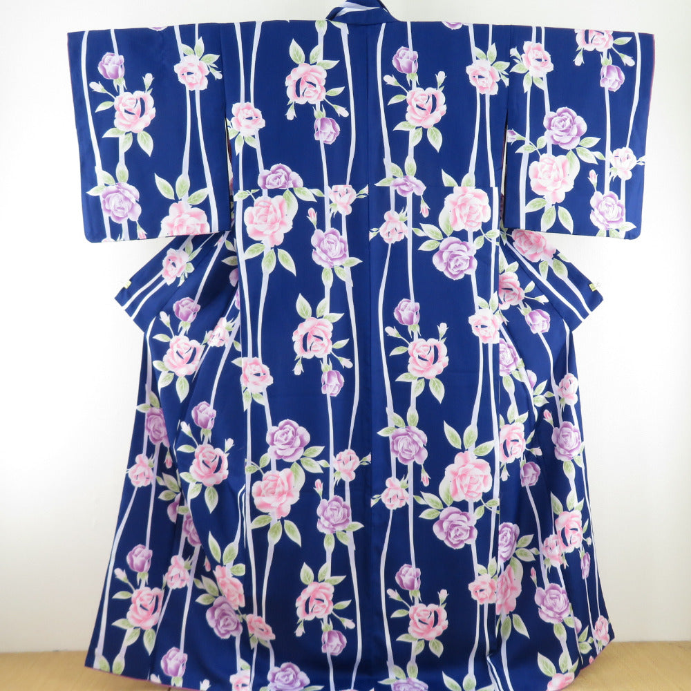 小紋 薔薇柄 洗える着物 ポリエステル Lサイズ 青紫色 袷 広衿 カラー