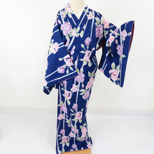 Load image into Gallery viewer, Komon rose pattern Washable kimono polyester L size blue -purple lined lined lined collar color back tailoring casual height 165cm