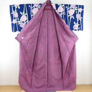 Komon rose pattern Washable kimono polyester L size blue -purple lined lined lined collar color back tailoring casual height 165cm