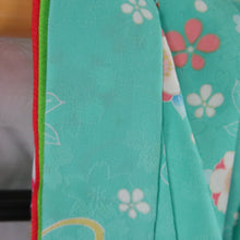 Load image into Gallery viewer, Children&#39;s kimono kids girls three three body sets set with half -collar lined Light emerald green flower sentence Polyester Shichigosan 70cm