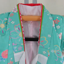Load image into Gallery viewer, Children&#39;s kimono kids girls three three body sets set with half -collar lined Light emerald green flower sentence Polyester Shichigosan 70cm