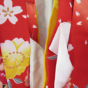 Children's kimono 2 -piece set Haori set for children with a mismulered lined lined red convergine and cherry blossom pattern polyester vermilion