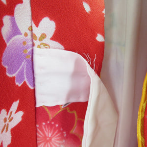 Children's kimono 2 -piece set Haori set for children with a mismulered lined lined red convergine and cherry blossom pattern polyester vermilion