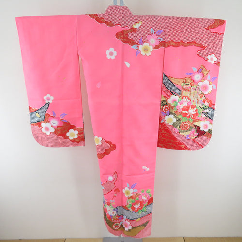 Children's kimono kids girls four girls shocking with lined collar Pink Imperial Point Polyester Shichigosan 130cm Beautiful goods