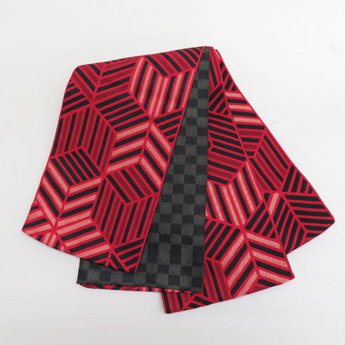 半幅帯 リバーシブル半巾帯 ポリエステル 市松模様ｘ麻の葉模様 赤ｘ黒 細帯 小袋帯 仕立て上がり 長さ390cm 美品
