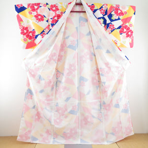 Komon camellia and chrysanthemum printing kimono Polyester L size White / blue / yellow lined wide collar color back tailored Casual height 165cm