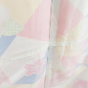 Komon camellia and chrysanthemum printing kimono Polyester L size White / blue / yellow lined wide collar color back tailored Casual height 165cm