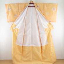 画像をギャラリービューアに読み込む, 小紋 洗える着物 R.KIKUCHI 笛に花模様 黄色ｘ白色 袷 広衿 ポリエステル100％ カジュアル