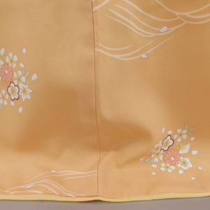 小紋 洗える着物 R.KIKUCHI 笛に花模様 黄色ｘ白色 袷 広衿 ポリエステル100％ カジュアル