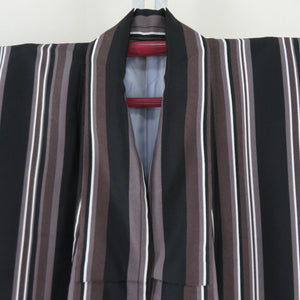 Komon stripes black x brown lined wide collar 100 % Casual L size tailoring kimono 166cm beautiful goods