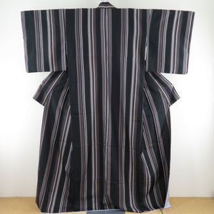 Komon stripes black x brown lined wide collar 100 % Casual L size tailoring kimono 166cm beautiful goods