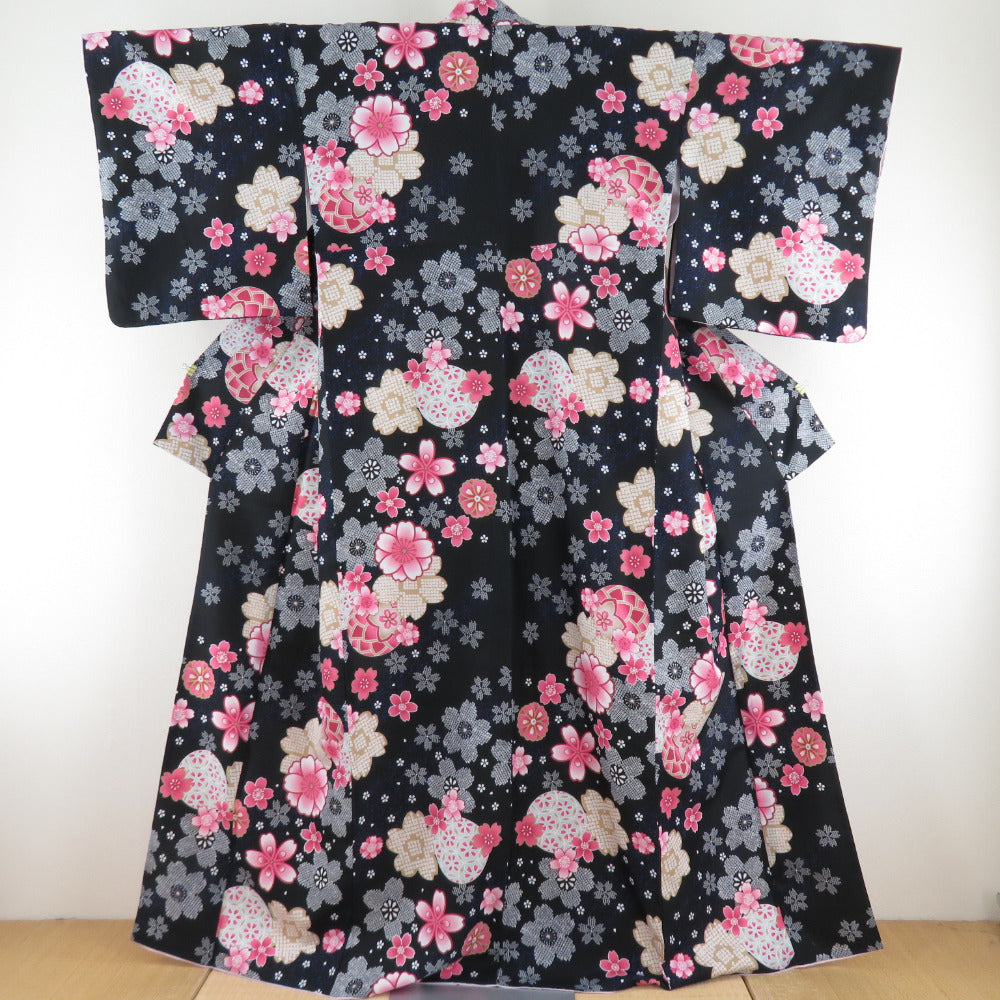 Komon cherry blossoms on cherry blossoms black x pink lined lined wide collar 100 % Casual L size tailoring kimonos 166cm beautiful goods