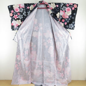 Komon cherry blossoms on cherry blossoms black x pink lined lined wide collar 100 % Casual L size tailoring kimonos 166cm beautiful goods