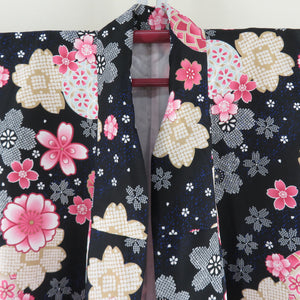 Komon cherry blossoms on cherry blossoms black x pink lined lined wide collar 100 % Casual L size tailoring kimonos 166cm beautiful goods