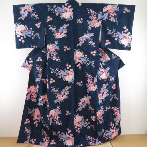 Komon Washing kimono on a kimono pattern with a flower pattern with a dark blue x pink lined lined wide collar polyester 100 % casual height 166cm beautiful goods