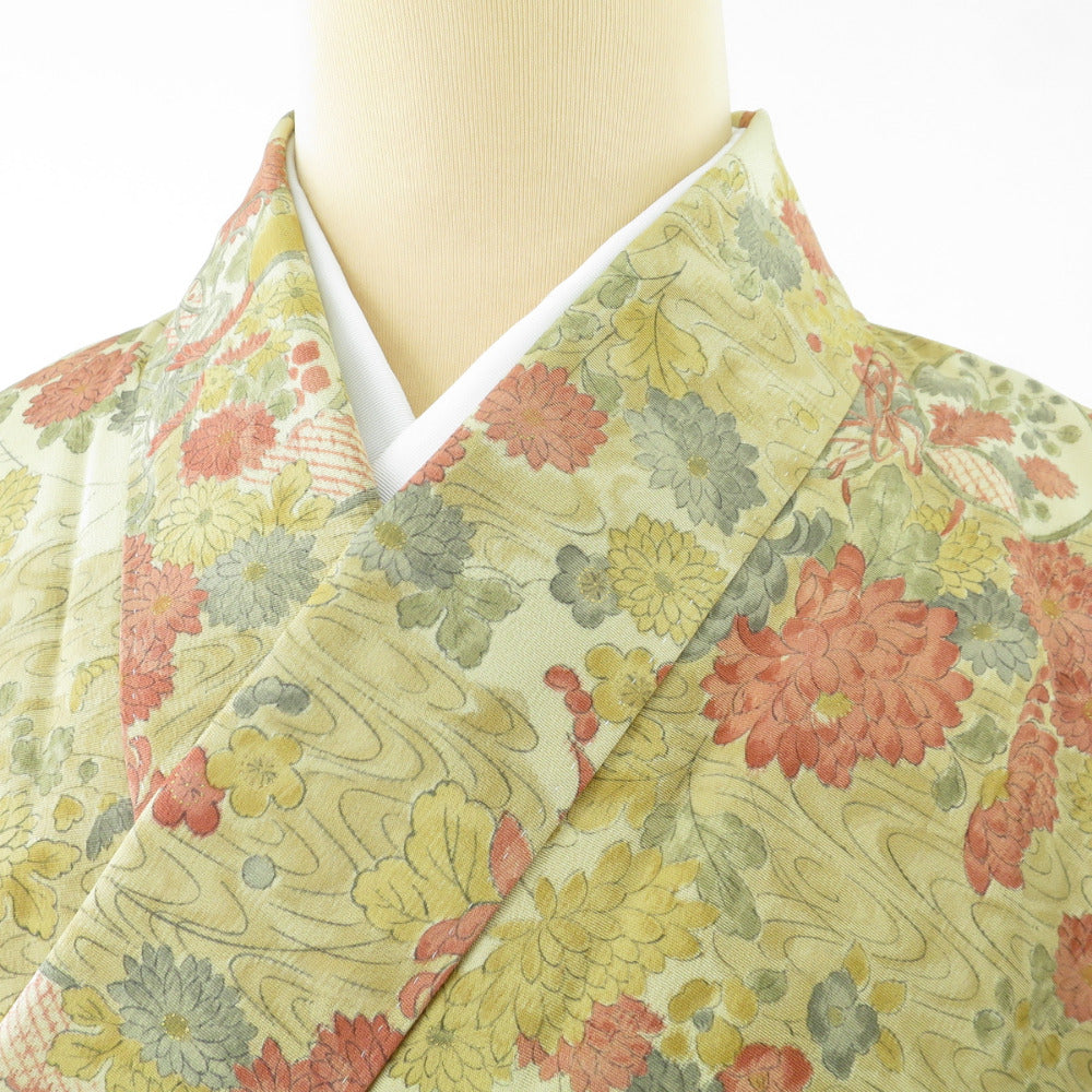 Komon Beige Drum and Flowers (from the shoulder) Approximately 4 shaku 3 inches 4 minutes (165cm) Casual dressing practice wide collar # 1001 used