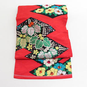 Nagoya Obi Ori -shaped 織 In the rhombus type, paulownia and camellia pattern pure silk red x green drum pattern Nagoya tailoring casual retro kimono
