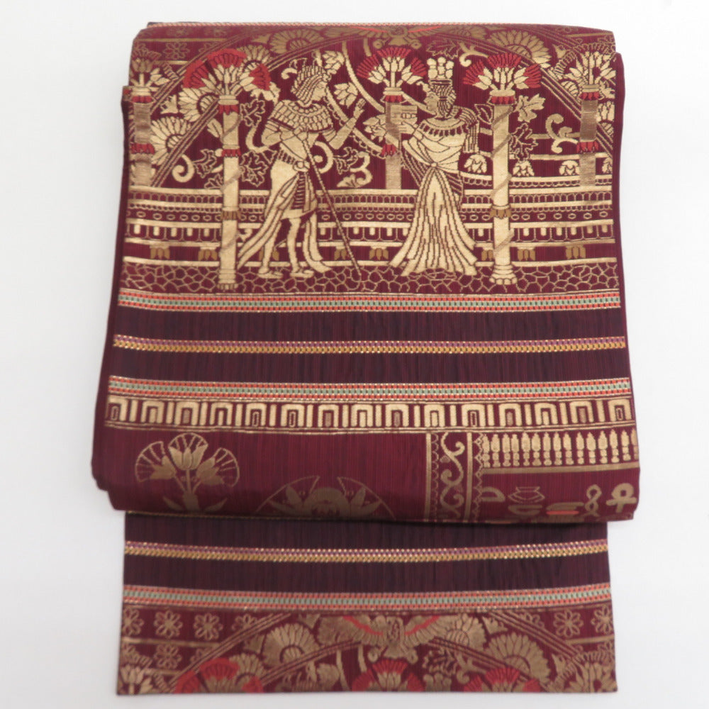 袋帯 しゃれ袋帯 織文様 エジプト模様 赤紫色 六通柄 正絹 金糸 着物帯 長さ432cm 美品