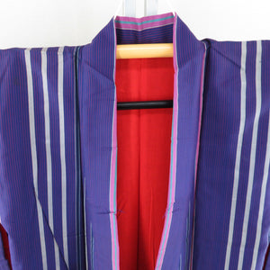 紬 着物 アンティーク 縞文様 袷 バチ衿 正絹 紫色 仕立て上がり着物 レトロ 大正ロマン 身丈145cm
