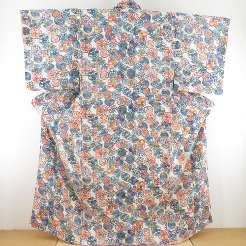 小紋 型染め 花鳥文様 正絹 ベージュ色 袷 広衿 カジュアル 仕立て上がり着物 身丈160cm