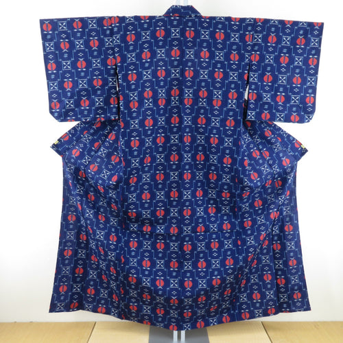 ウール着物 単衣 果物模様 織り文様 バチ衿 紺紫色 カジュアルきもの 仕立て上がり 身丈155cm