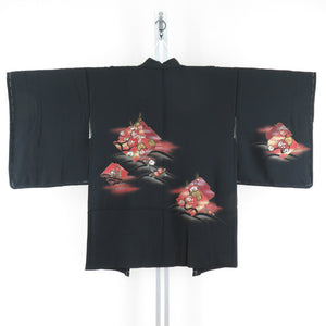 羽織 黒色ｘ赤色 花模様 染め模様 正絹 和装コート 身丈85cm