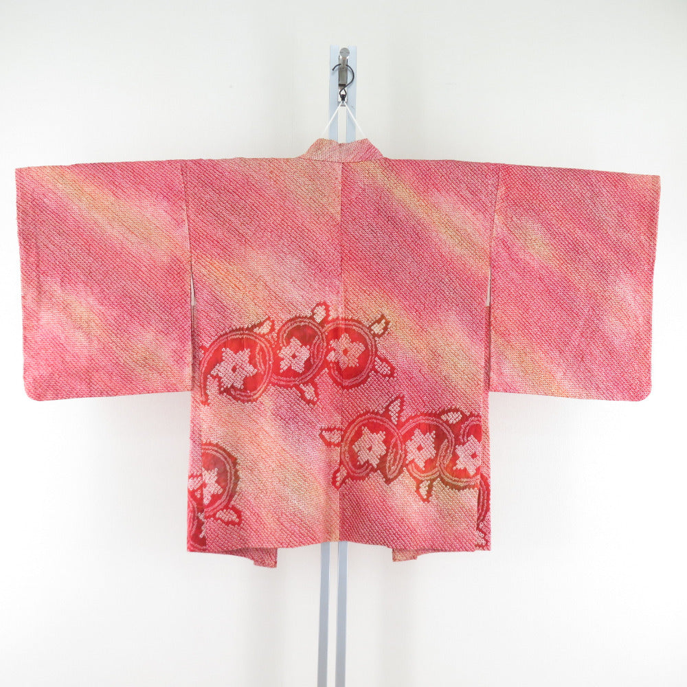 Haori squeezed red x yellow x brown flower pattern pure silk kimono coat 78cm