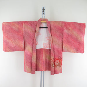 Haori squeezed red x yellow x brown flower pattern pure silk kimono coat 78cm