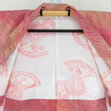 Load image into Gallery viewer, Haori squeezed red x yellow x brown flower pattern pure silk kimono coat 78cm