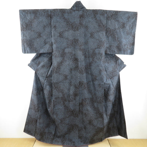 紬 着物 大島紬 黒紺色 カタス式 ススキに花 袷 広衿 正絹 カジュアル着物 仕立て上がり 身丈153cm