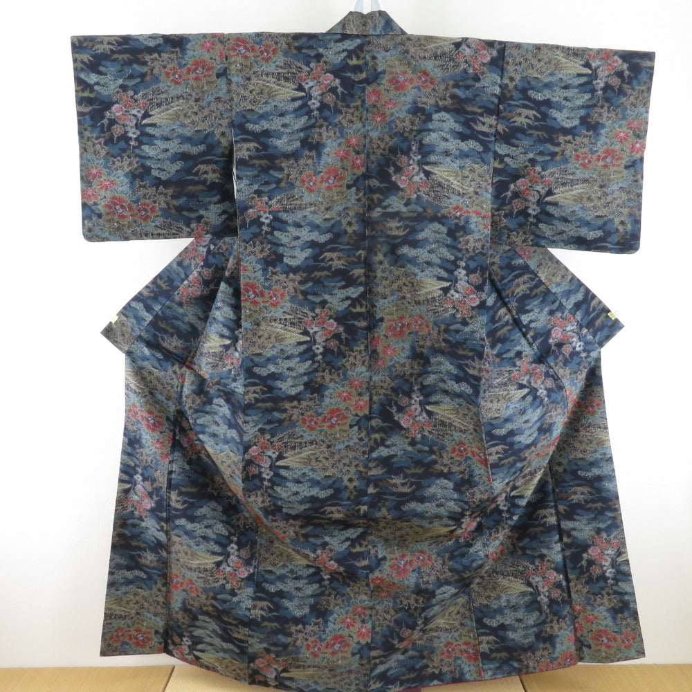 紬 着物 建物風景 紺色 袷 バチ衿 正絹 カジュアル着物 仕立て上がり 身丈153cm