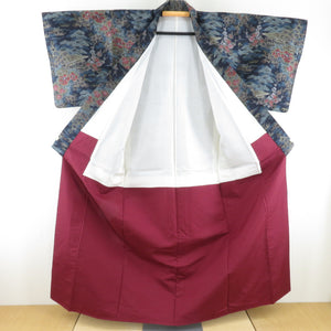 Tsumugi Kimono building landscape Navy blue lined brown collar collar silk silk casual kimono tailor