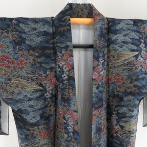 紬 着物 建物風景 紺色 袷 バチ衿 正絹 カジュアル着物 仕立て上がり 身丈153cm