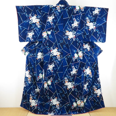 小紋 辻が花 袷 広衿 青色 正絹 カジュアル着物 仕立て上がり 身丈158cm