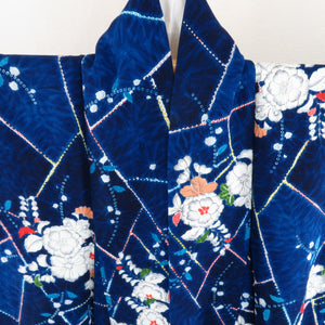 小紋 辻が花 袷 広衿 青色 正絹 カジュアル着物 仕立て上がり 身丈158cm