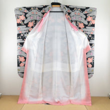 Load image into Gallery viewer, Kimono -type dyeing black x Salmon pink x white crepe plum pattern E.