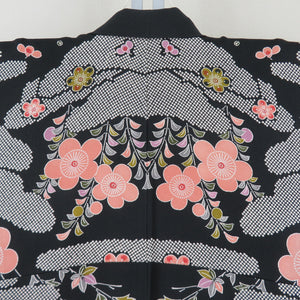 Kimono -type dyeing black x Salmon pink x white crepe plum pattern E.