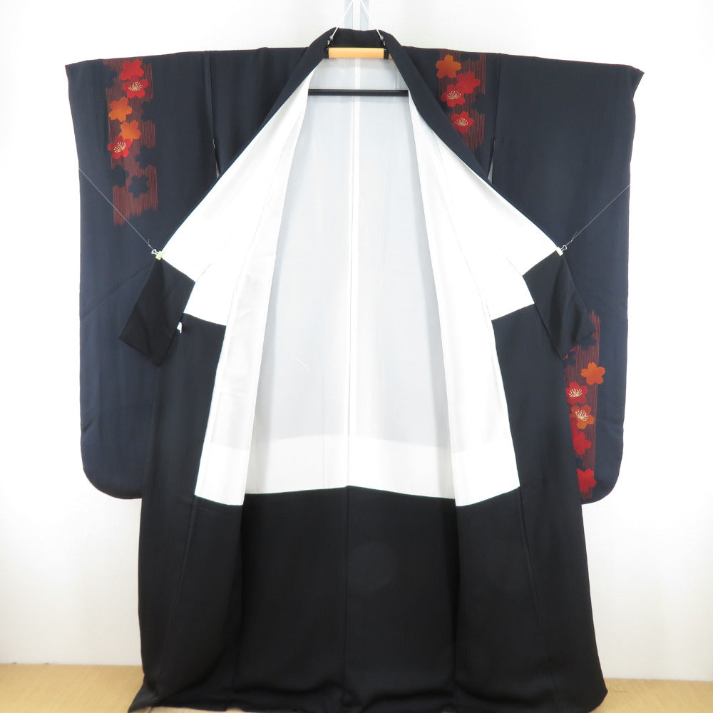 振袖 黒色x朱 桜模様 袷 広衿 箔入り 正絹 成人式 卒業式 フォーマル